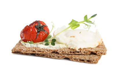 Photo of Fresh rye crispbreads with poached egg, cream cheese and grilled tomato on white background
