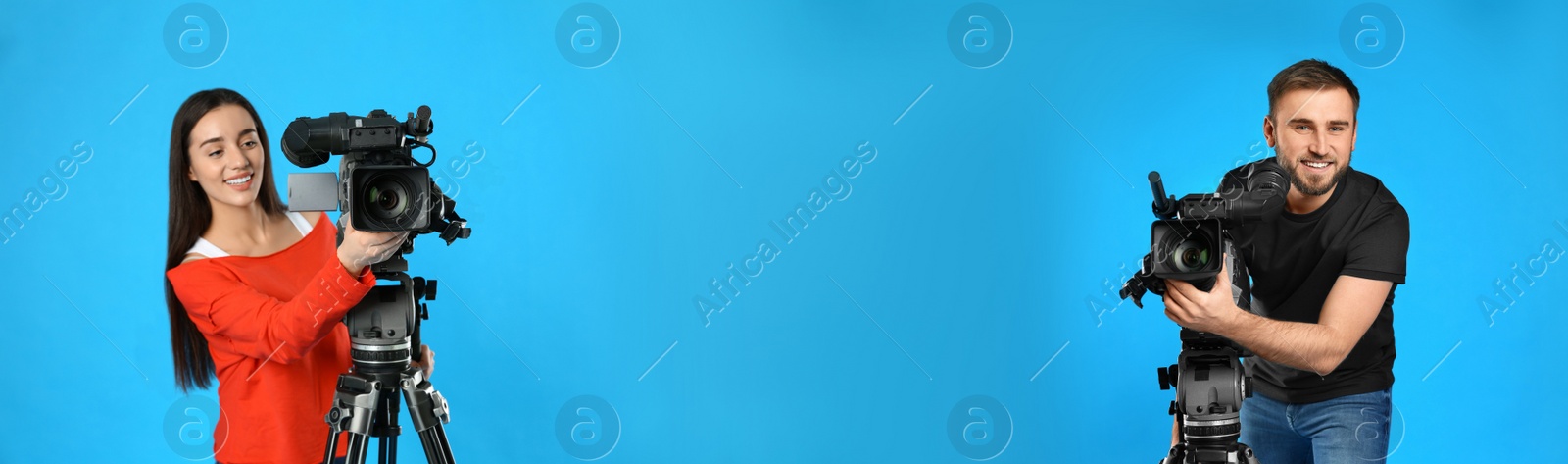 Image of Operators with professional video cameras on blue background, space for text. Banner design