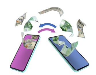 Image of Online money exchange. Dollar and euro banknotes flying between mobile phones on white background