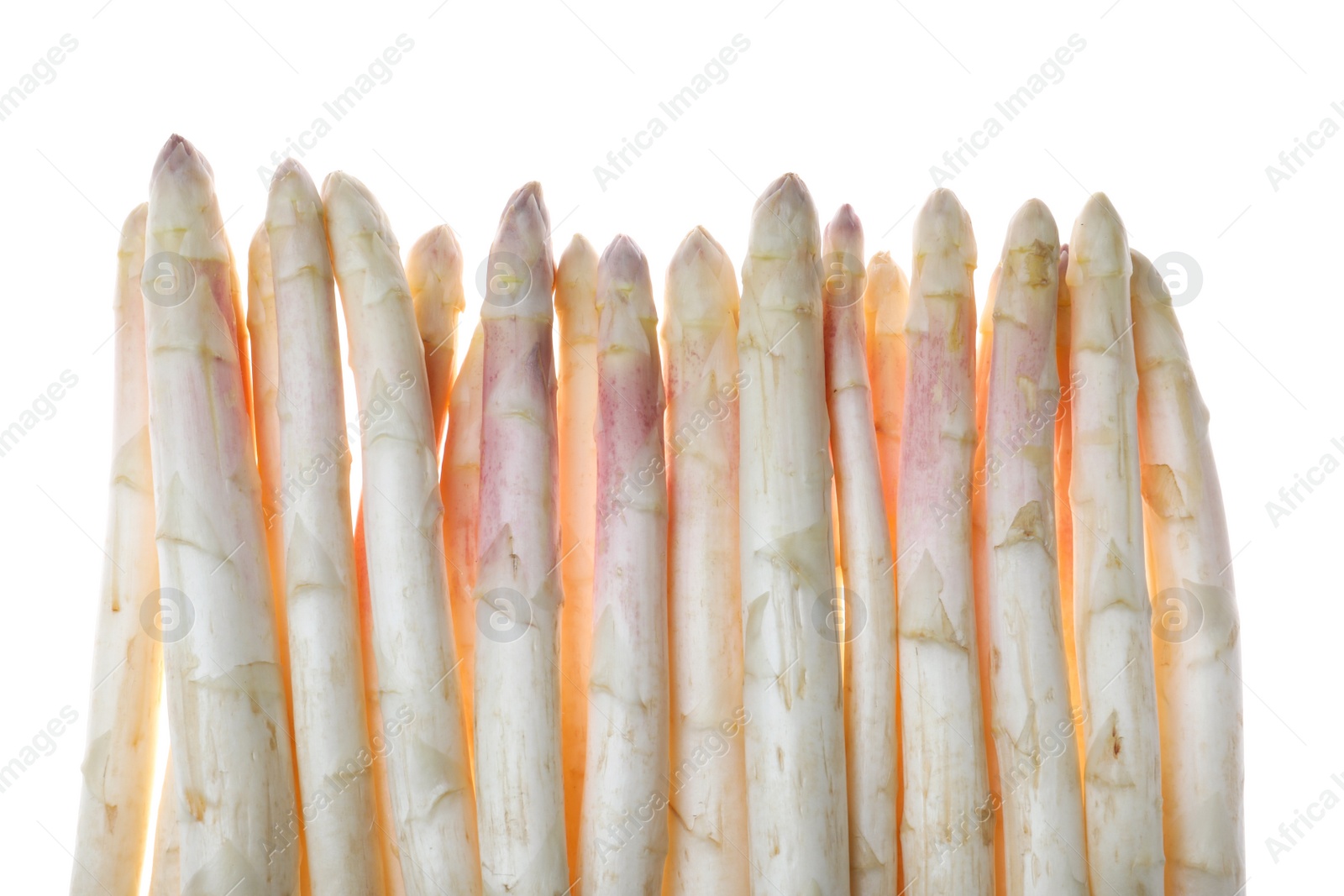 Photo of Fresh ripe raw asparagus isolated on white, top view