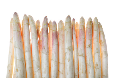 Photo of Fresh ripe raw asparagus isolated on white, top view