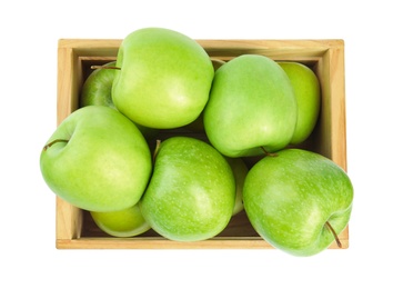 Photo of Fresh ripe green apples in wooden crate on white background, top view