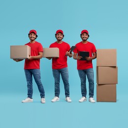 Image of Delivery service. Happy courier with cardboard boxes on light blue background, collage of photos