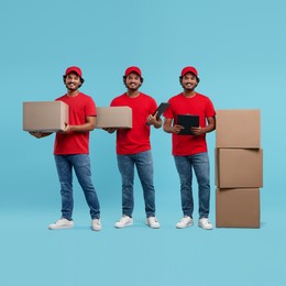 Delivery service. Happy courier with cardboard boxes on light blue background, collage of photos