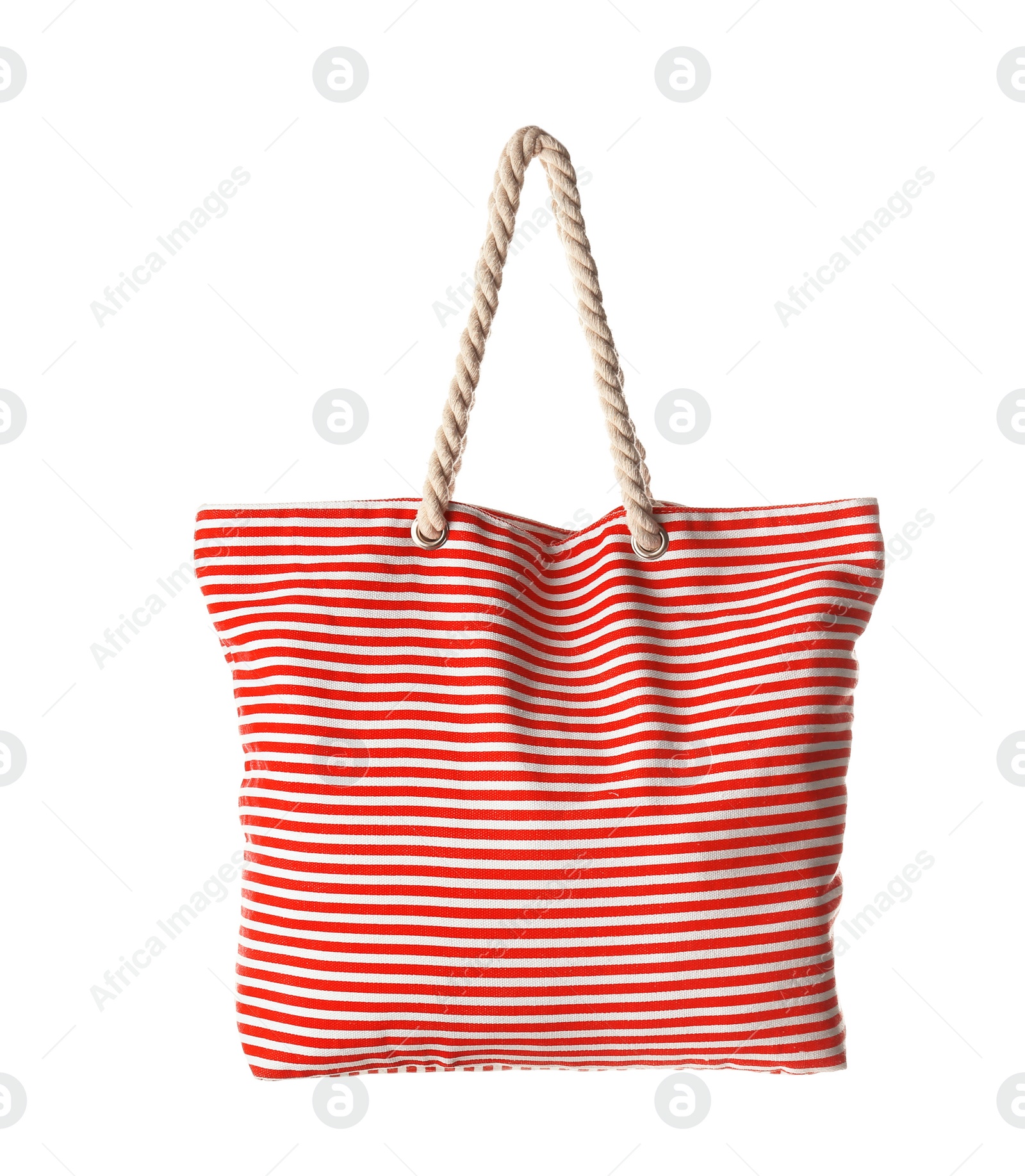 Photo of Bright bag on white background. Beach accessories