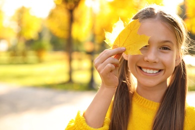 Photo of Happy girl with yellow leaf in sunny park. Autumn walk