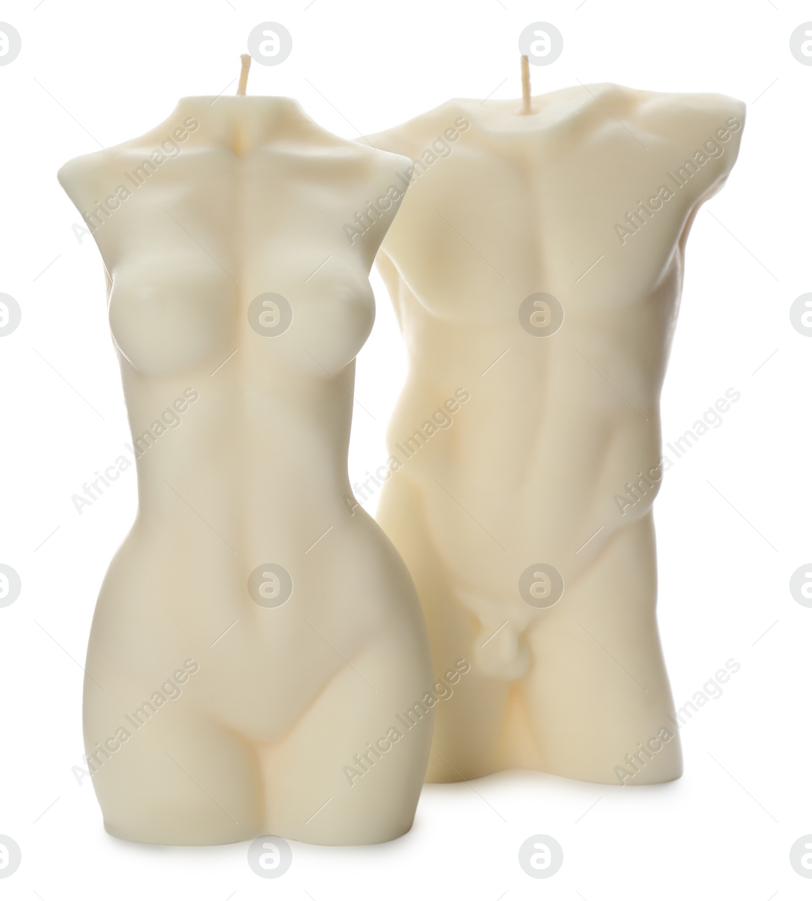 Photo of Beautiful male and female body shaped candles on white background