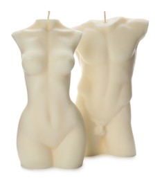 Photo of Beautiful male and female body shaped candles on white background