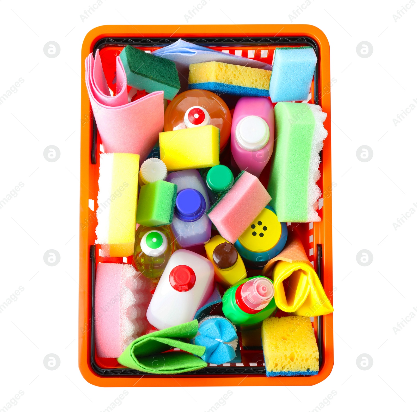 Photo of Shopping basket with different detergents on white background, top view