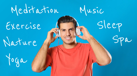 Stress management techniques. Man listening to music on blue background