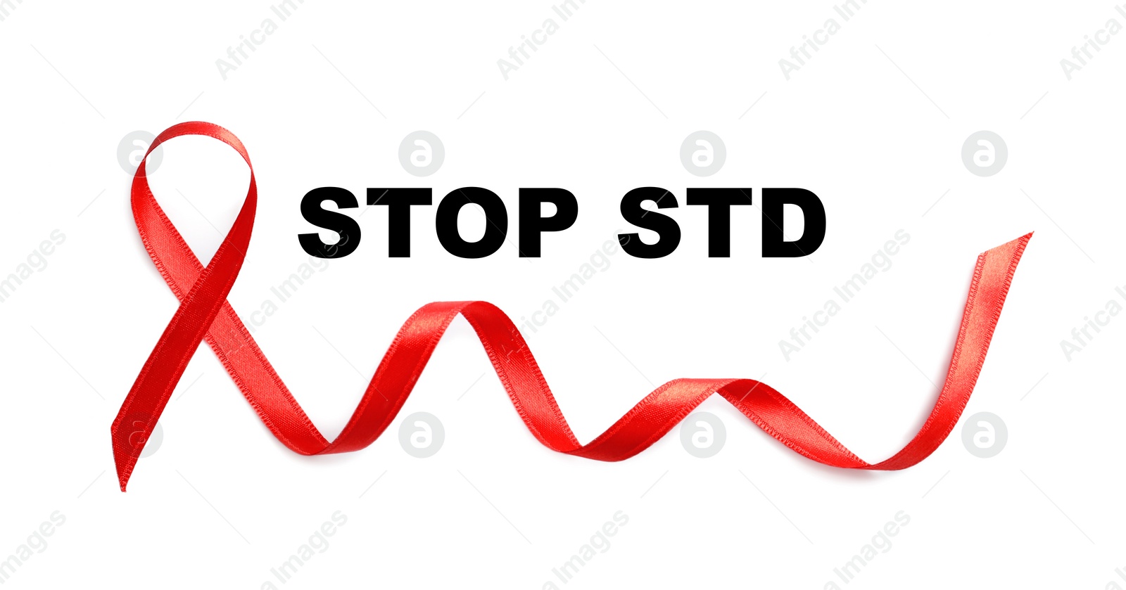 Image of Red awareness ribbon and text Stop STD on white background, top view 
