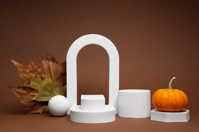 Autumn presentation for product. White geometric figures, dry leaves and pumpkin on brown background