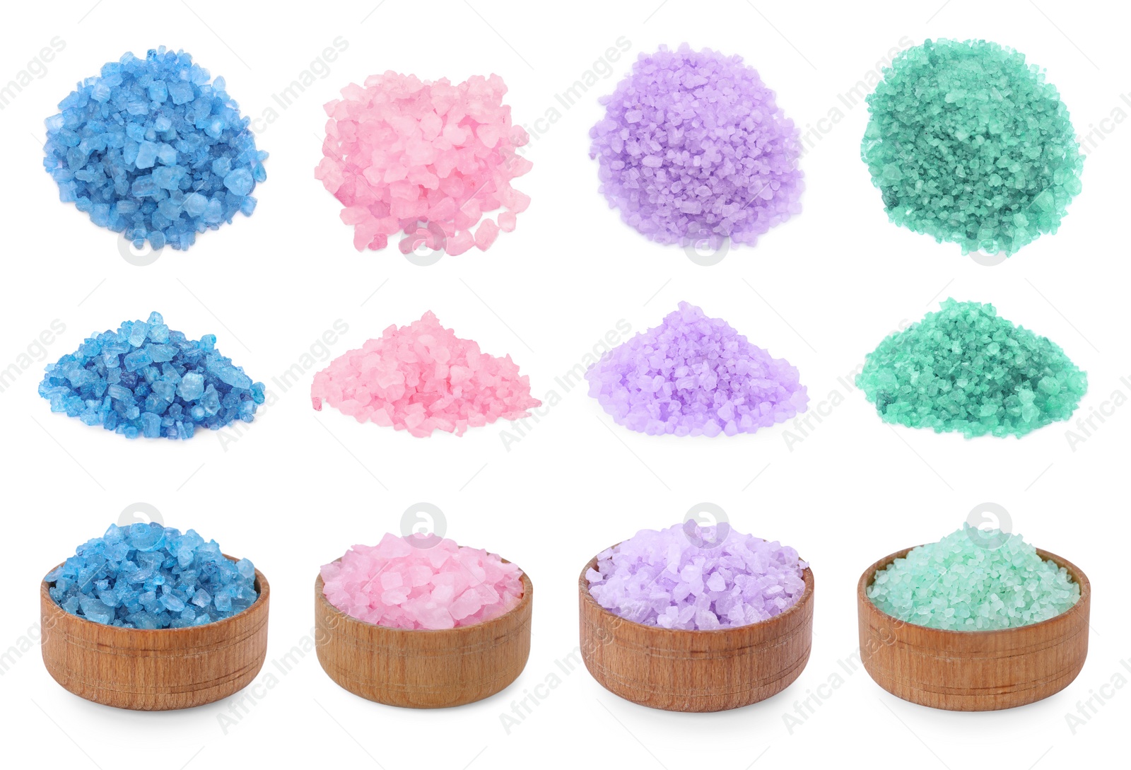 Image of Different sea salt isolated on white, set