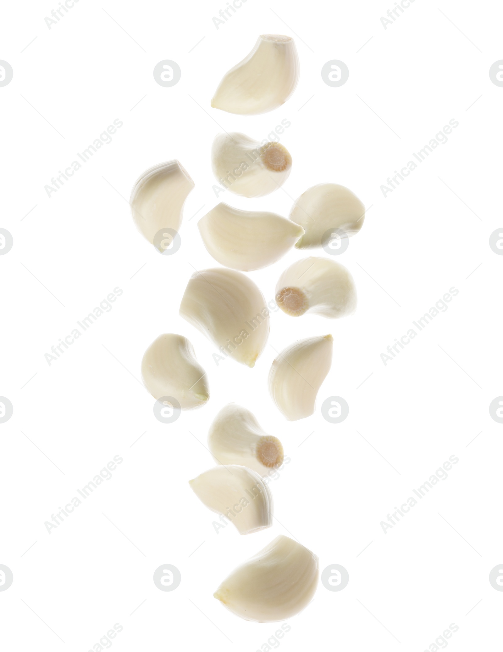 Image of Set of falling garlic cloves on white background