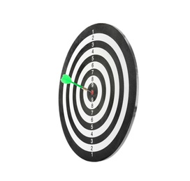 Photo of Green arrow hitting target on dart board against white background