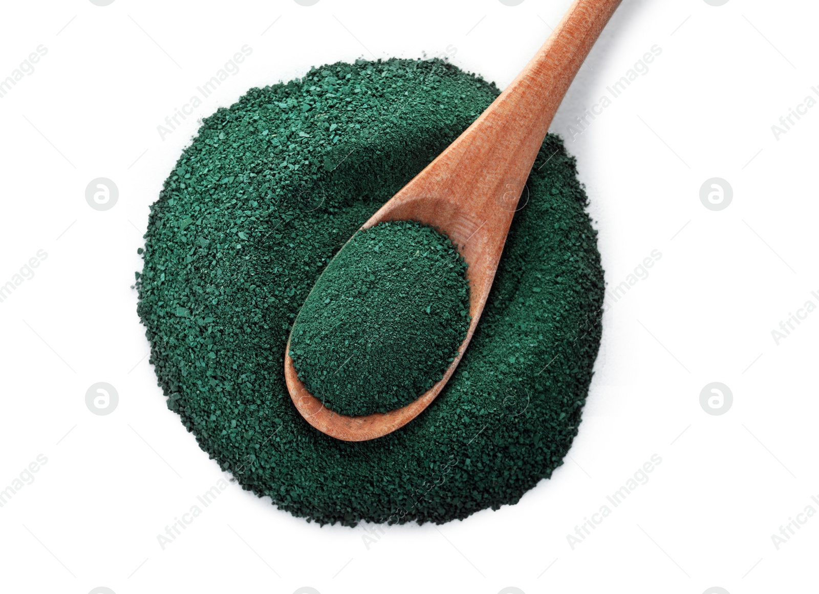 Photo of Spoon and heap of spirulina algae powder on white background, top view