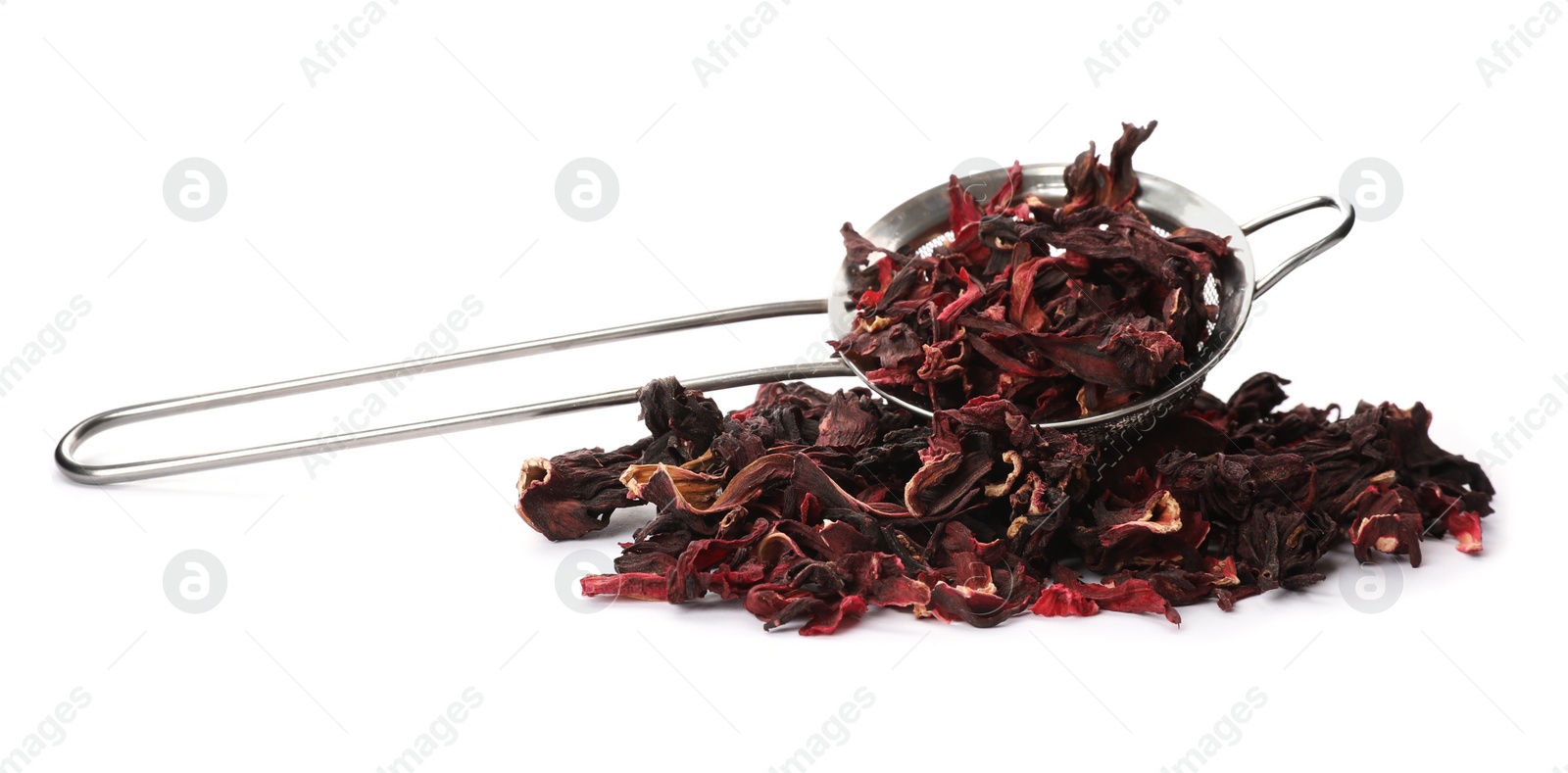 Photo of Dry hibiscus tea and sieve on white background