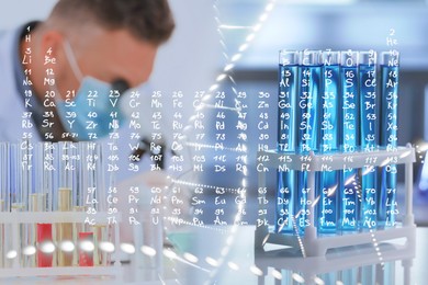 Image of Scientist working in laboratory, test tubes with reagent and periodic table of chemical elements, multiple exposure