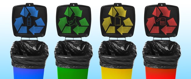 Waste sorting, banner design. Recycling bins with illustrations of different garbage types on light background