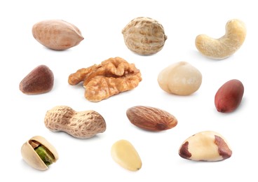 Set with different tasty nuts on white background 