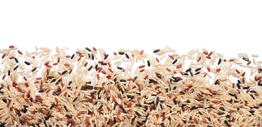 Photo of Mix of brown rice on white background, top view