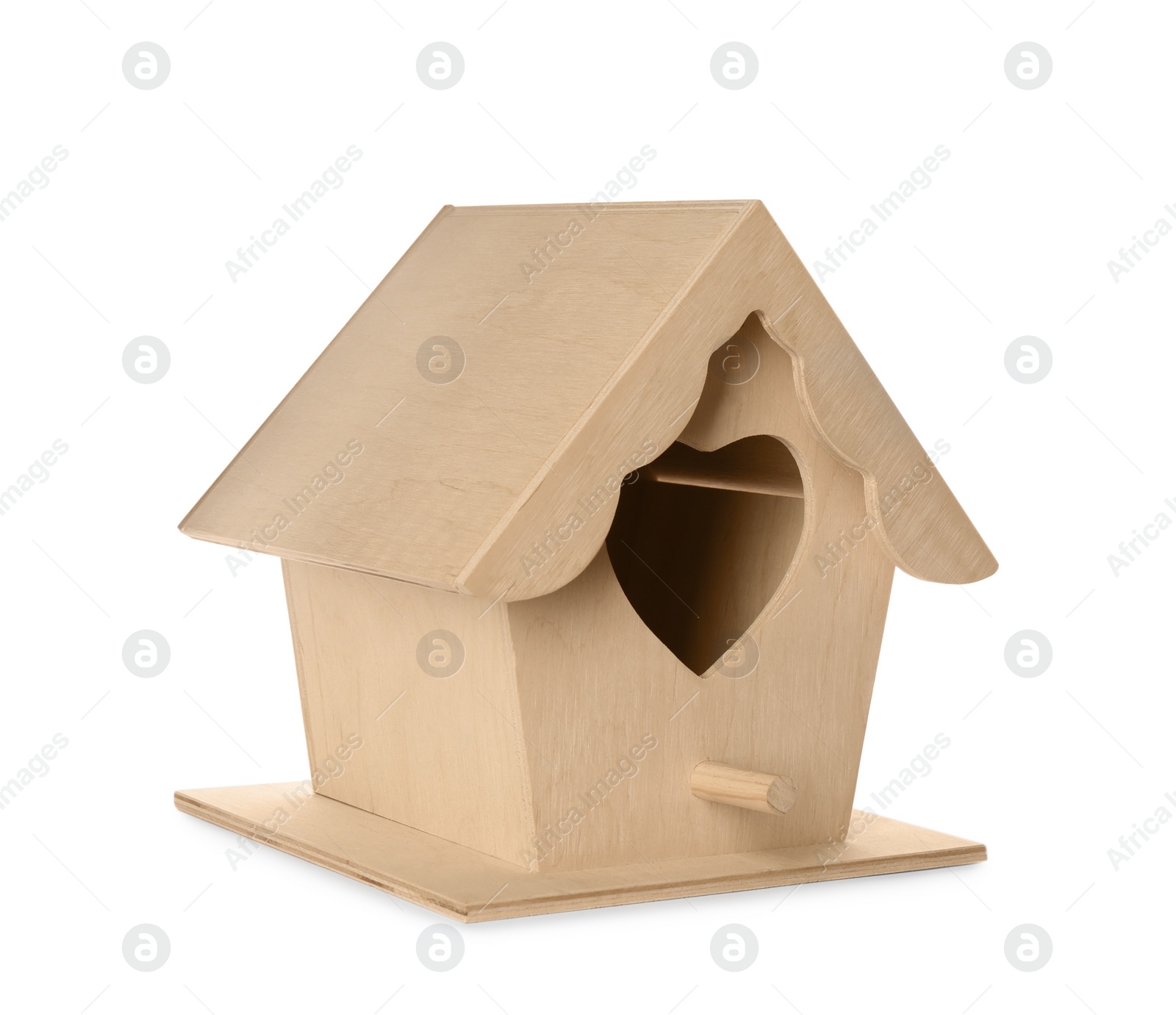 Photo of Beautiful bird house with heart shaped hole isolated on white