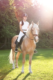 Young woman in equestrian suit riding horse outdoors on sunny day. Beautiful pet