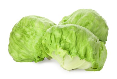 Photo of Fresh green iceberg lettuces isolated on white