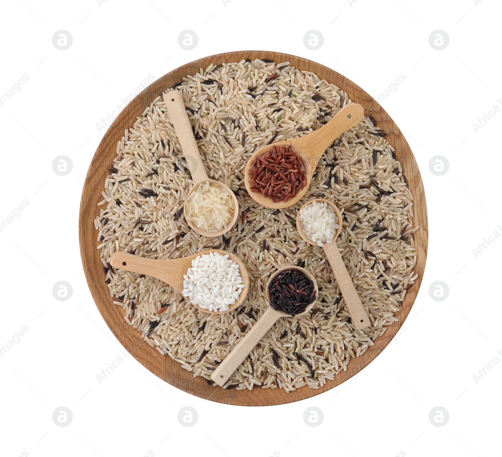 Photo of Plate and spoons with different sorts of rice isolated on white, top view