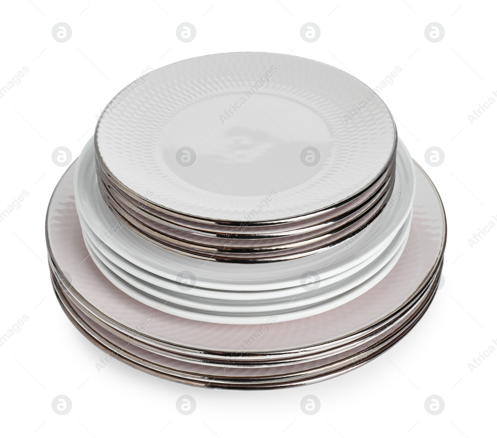 Photo of Stack of beautiful ceramic plates isolated on white
