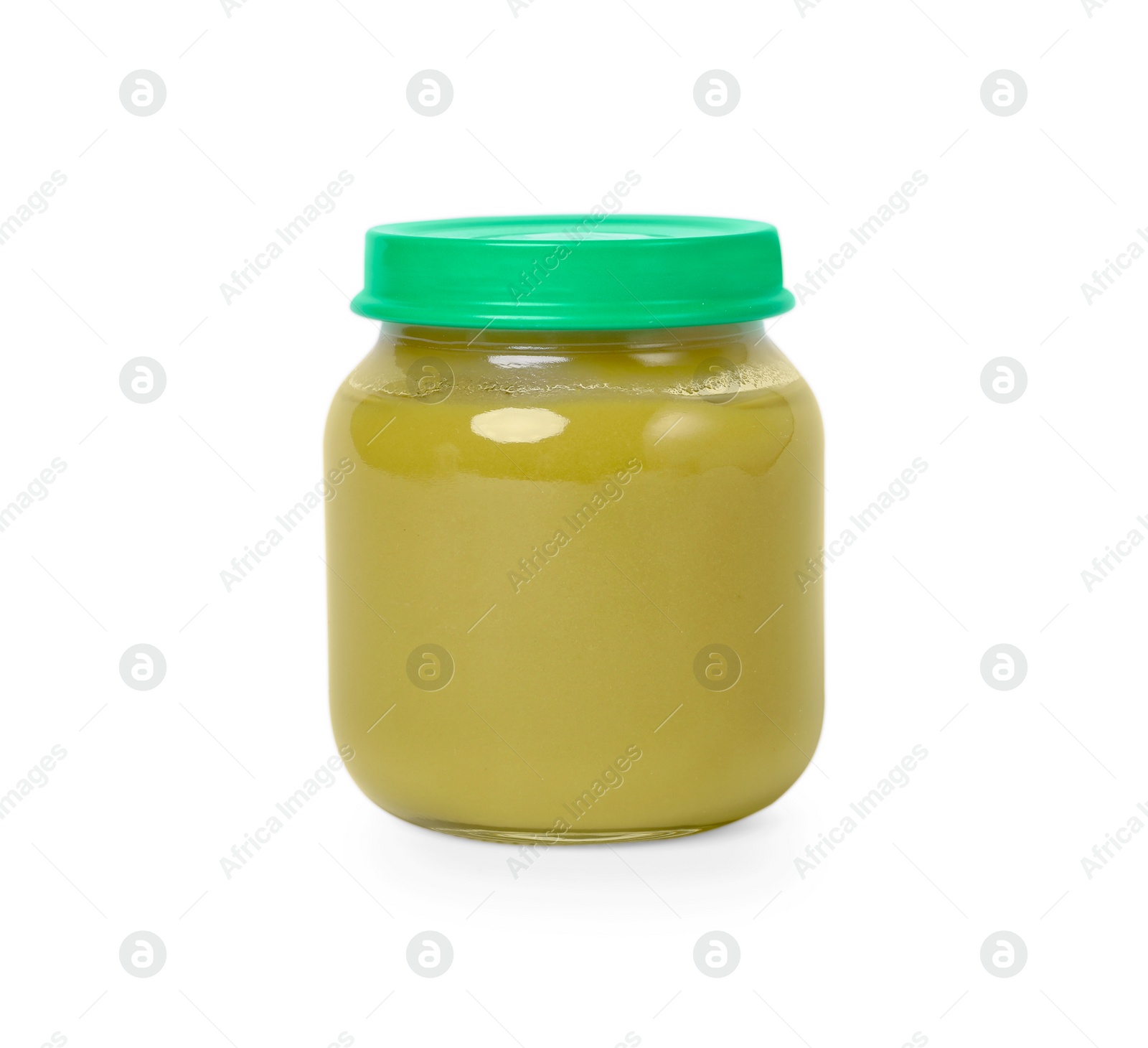 Photo of Glass jar with healthy baby food isolated on white