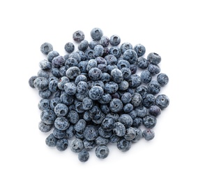 Photo of Heap of tasty frozen blueberries on white background, top view