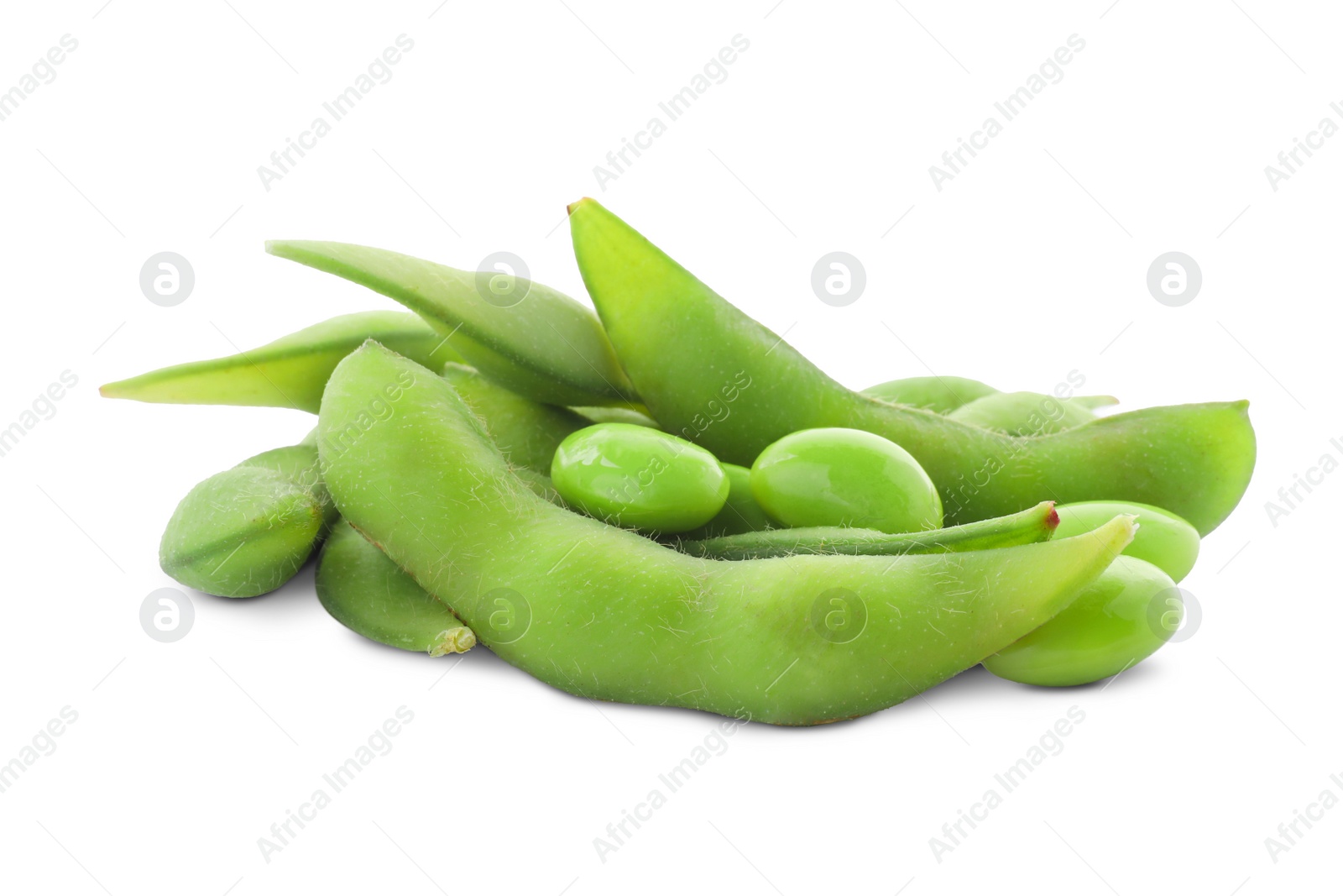 Photo of Fresh green edamame pods and beans on white background