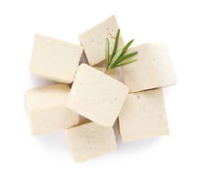 Photo of Delicious tofu and rosemary on white background, top view