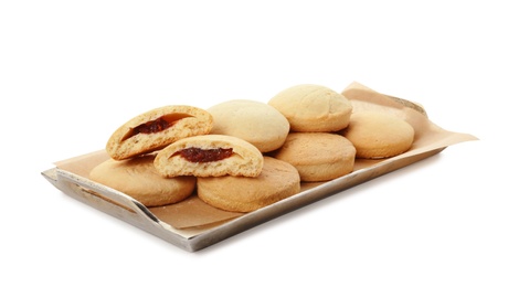 Photo of Tray with cookies for Islamic holidays isolated on white. Eid Mubarak