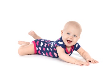 Photo of Cute little baby on white background. Tummy and crawling time