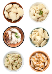 Image of Set of tasty dumplings isolated on white, top view