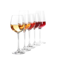 Row of glasses with different wines on white background