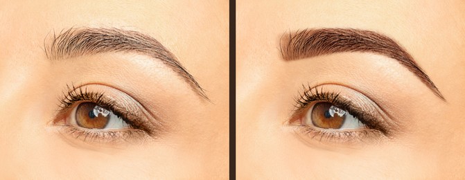 Image of Collage with photos of woman before and after eyebrows dyeing with henna, closeup. Banner design