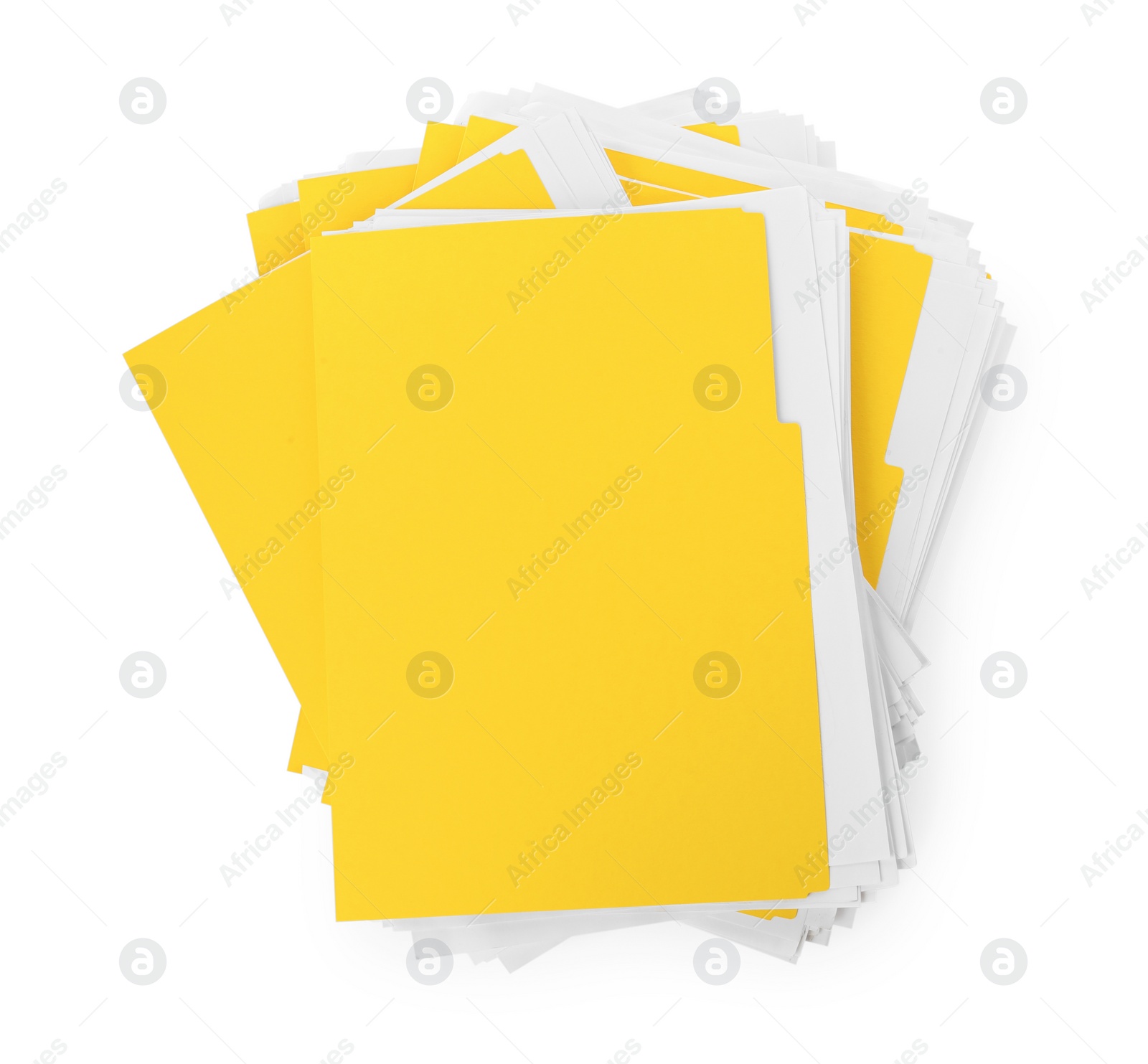 Photo of Stack of yellow files with documents on white background, top view