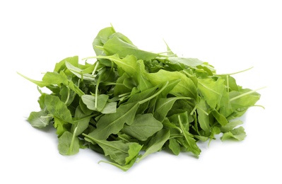 Photo of Fresh green arugula leaves on white background