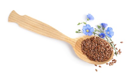 Photo of Wooden spoon with flax flowers and seeds on white background, top view