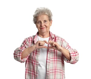 Photo of Elderly woman making heart with her hands on white background
