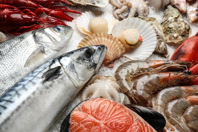 Fresh fish and seafood on ice, closeup