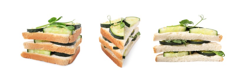 Image of Collage with tasty cucumber sandwiches on white background, banner design