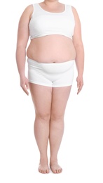 Overweight woman on white background, closeup. Weight loss