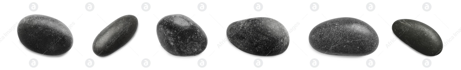 Image of Set with black spa stones on white background. Banner design