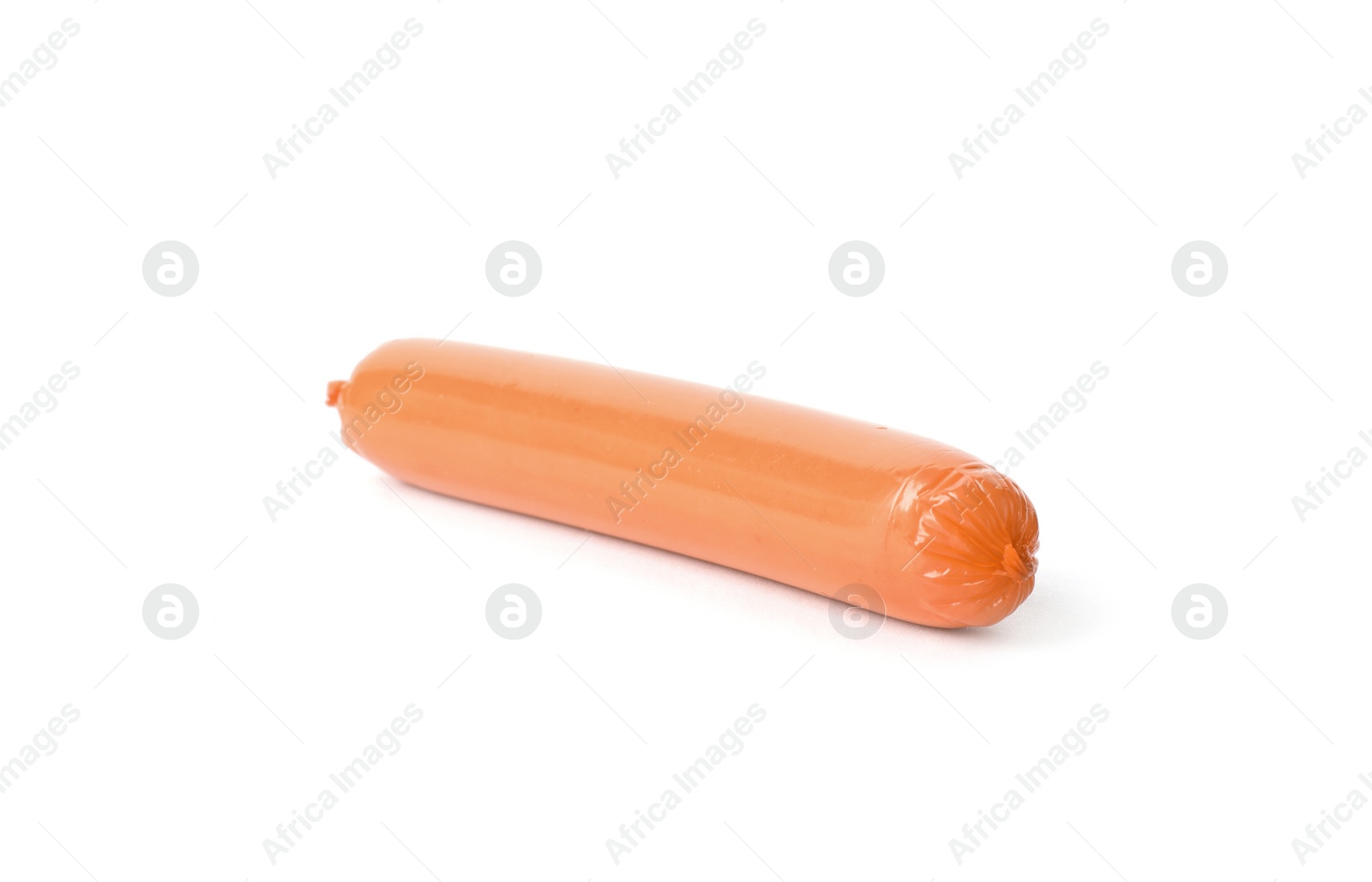 Photo of Encased sausage on white background. Meat product