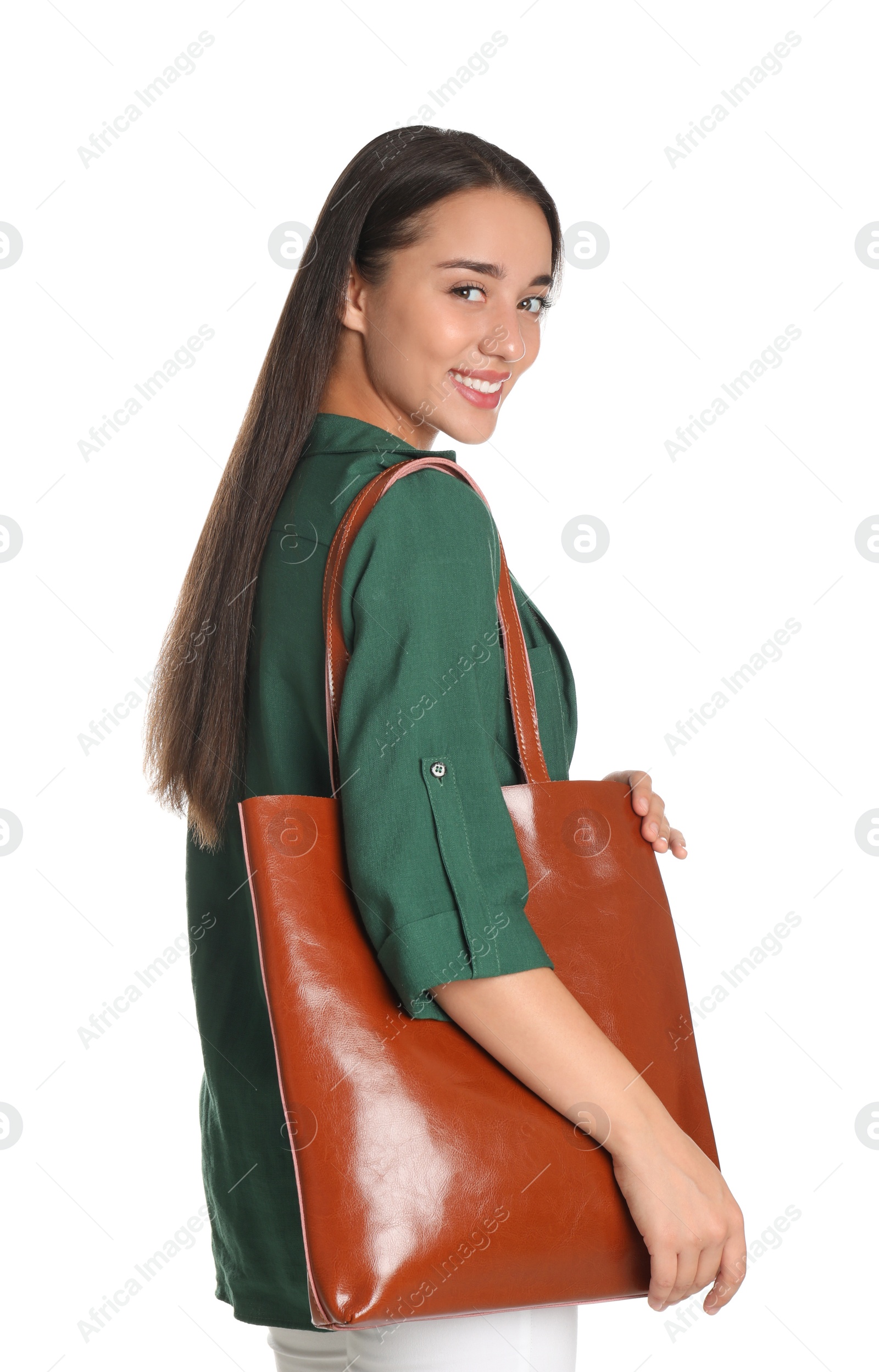 Photo of Woman with stylish shopper bag on white background