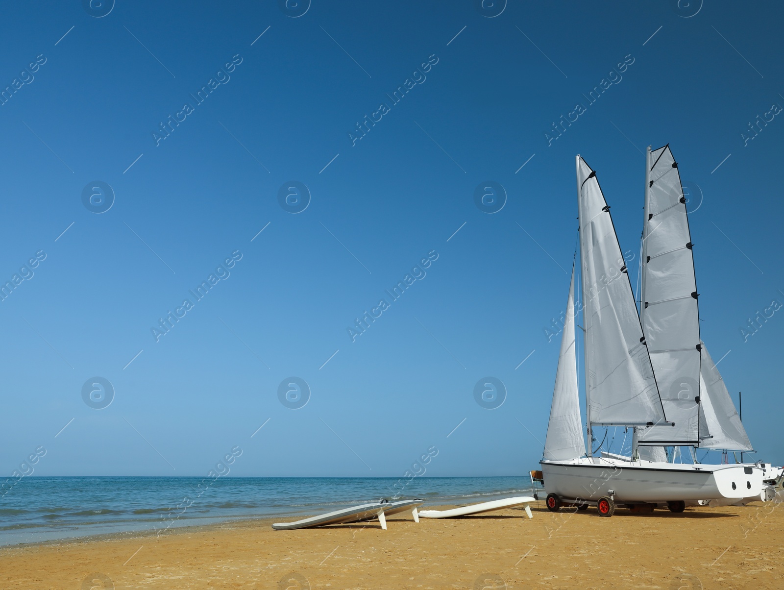 Photo of Seacoast with modern boats on sunny day